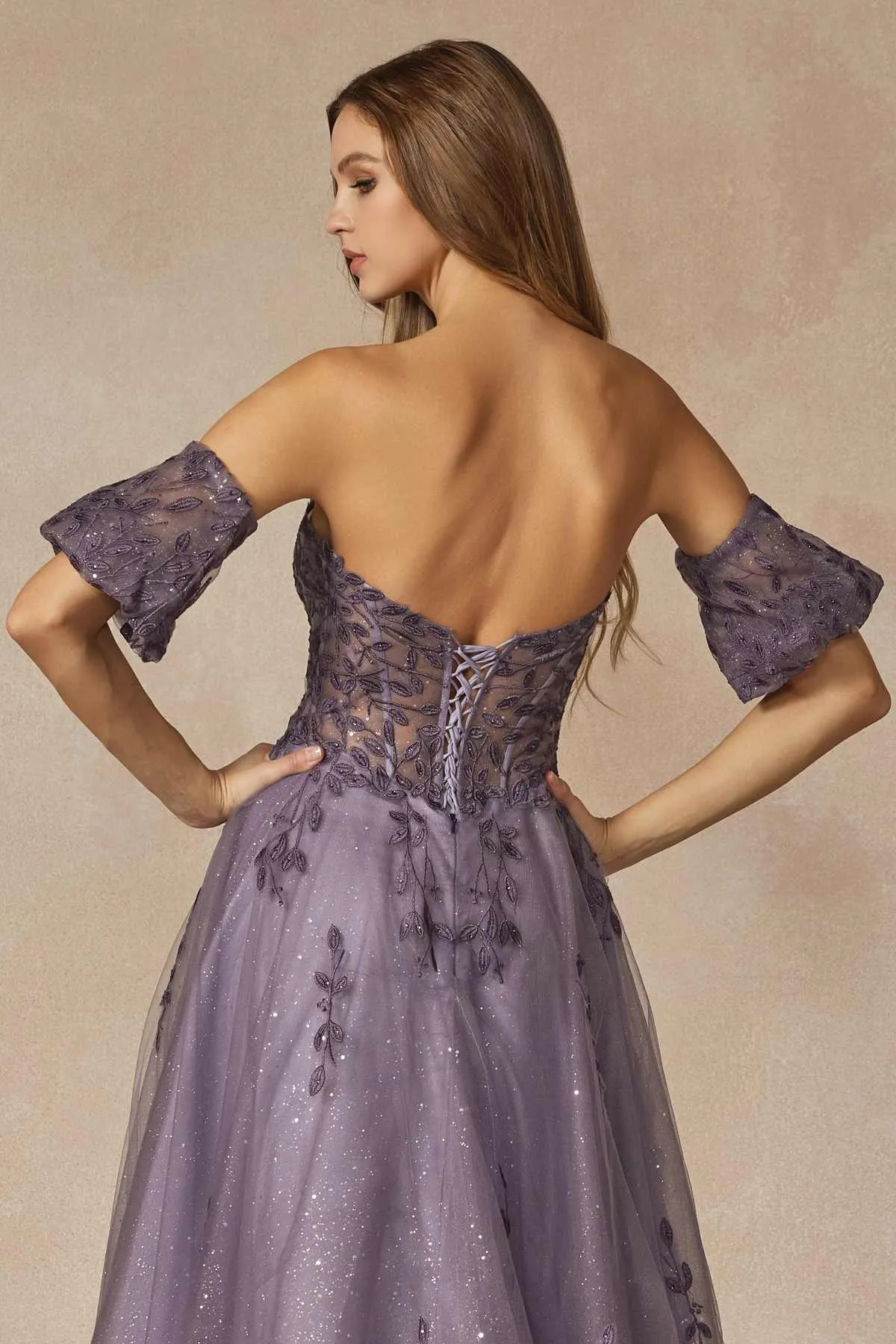 Juliet 2409 Floor Length A-Line Leaf Embroidered Gown Detachable Sleeves