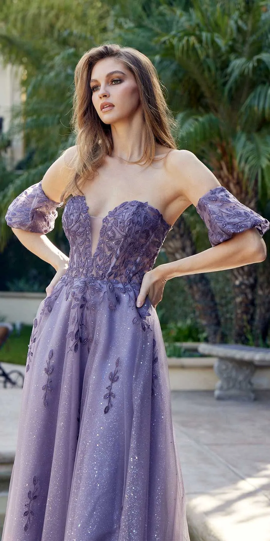 Juliet 2409 Floor Length A-Line Leaf Embroidered Gown Detachable Sleeves