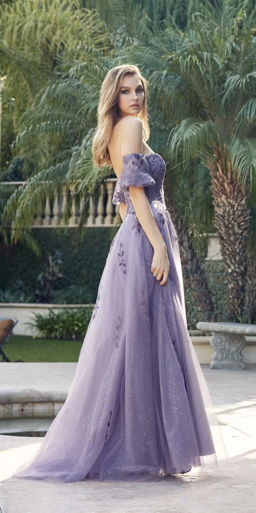 Juliet 2409 Floor Length A-Line Leaf Embroidered Gown Detachable Sleeves