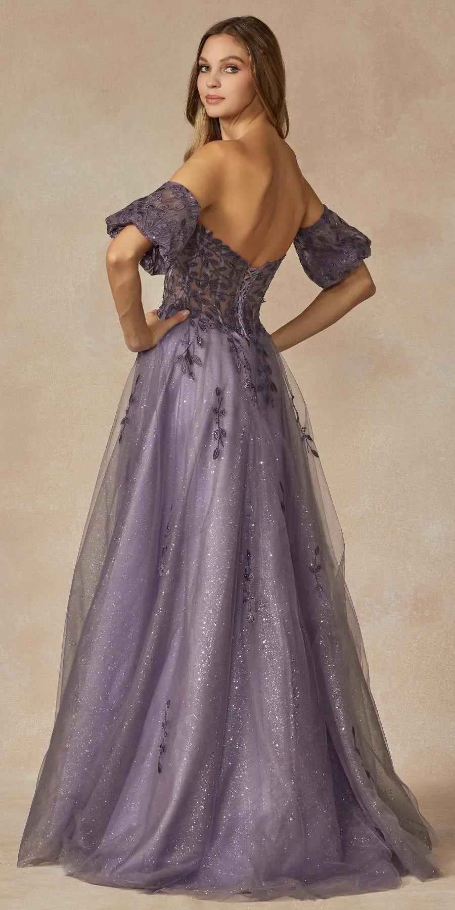 Juliet 2409 Floor Length A-Line Leaf Embroidered Gown Detachable Sleeves