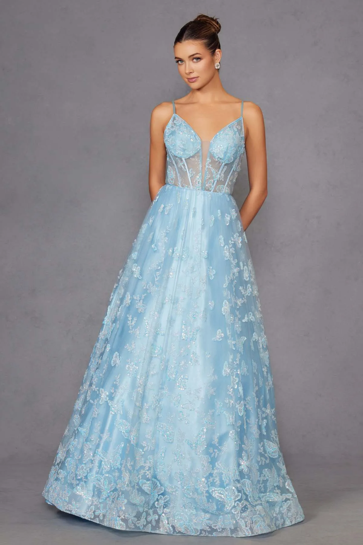 Juliet 2413 Long Butterfly Glitter Embroidered A-Line Gown with Corset Top