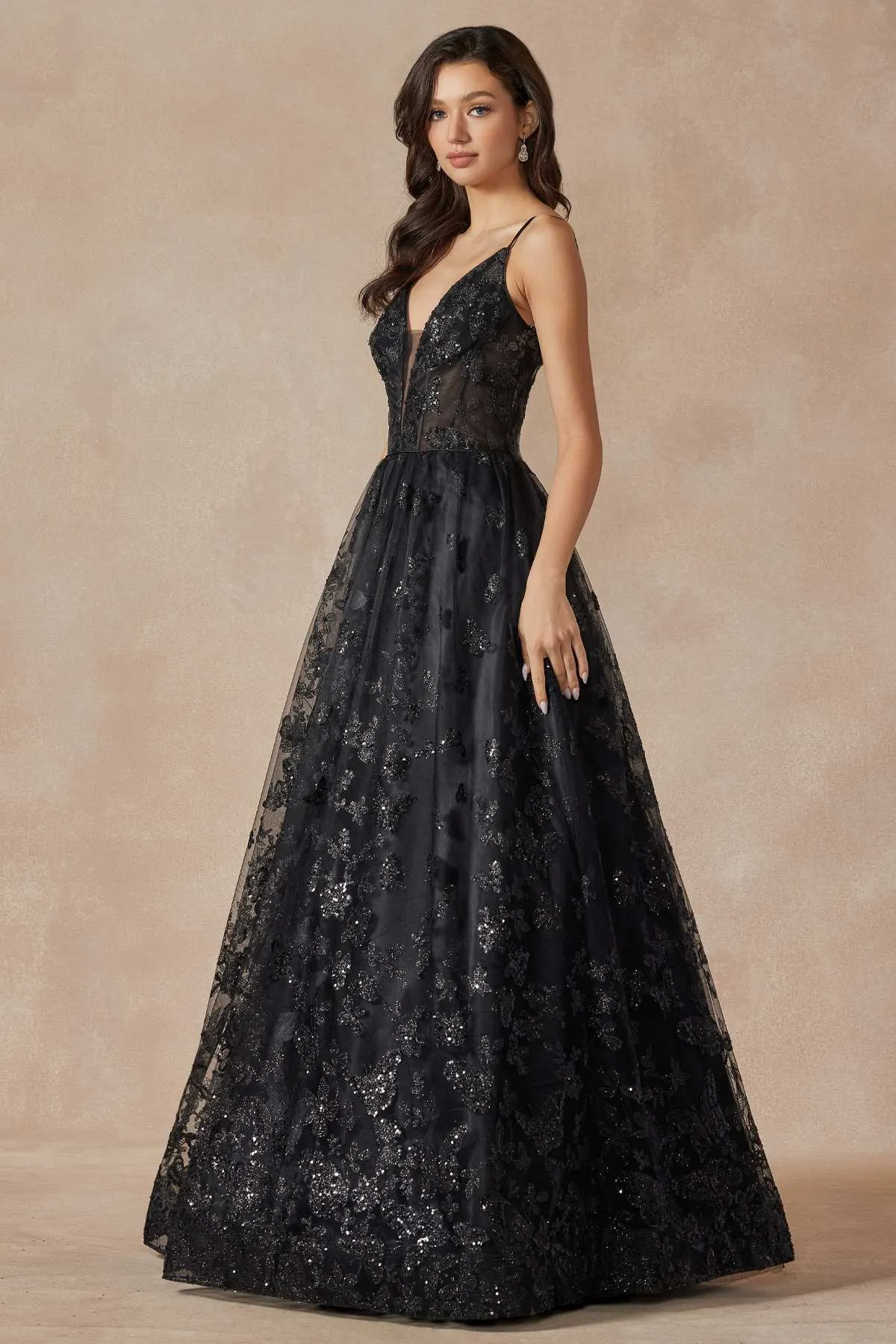 Juliet 2413 Long Butterfly Glitter Embroidered A-Line Gown with Corset Top