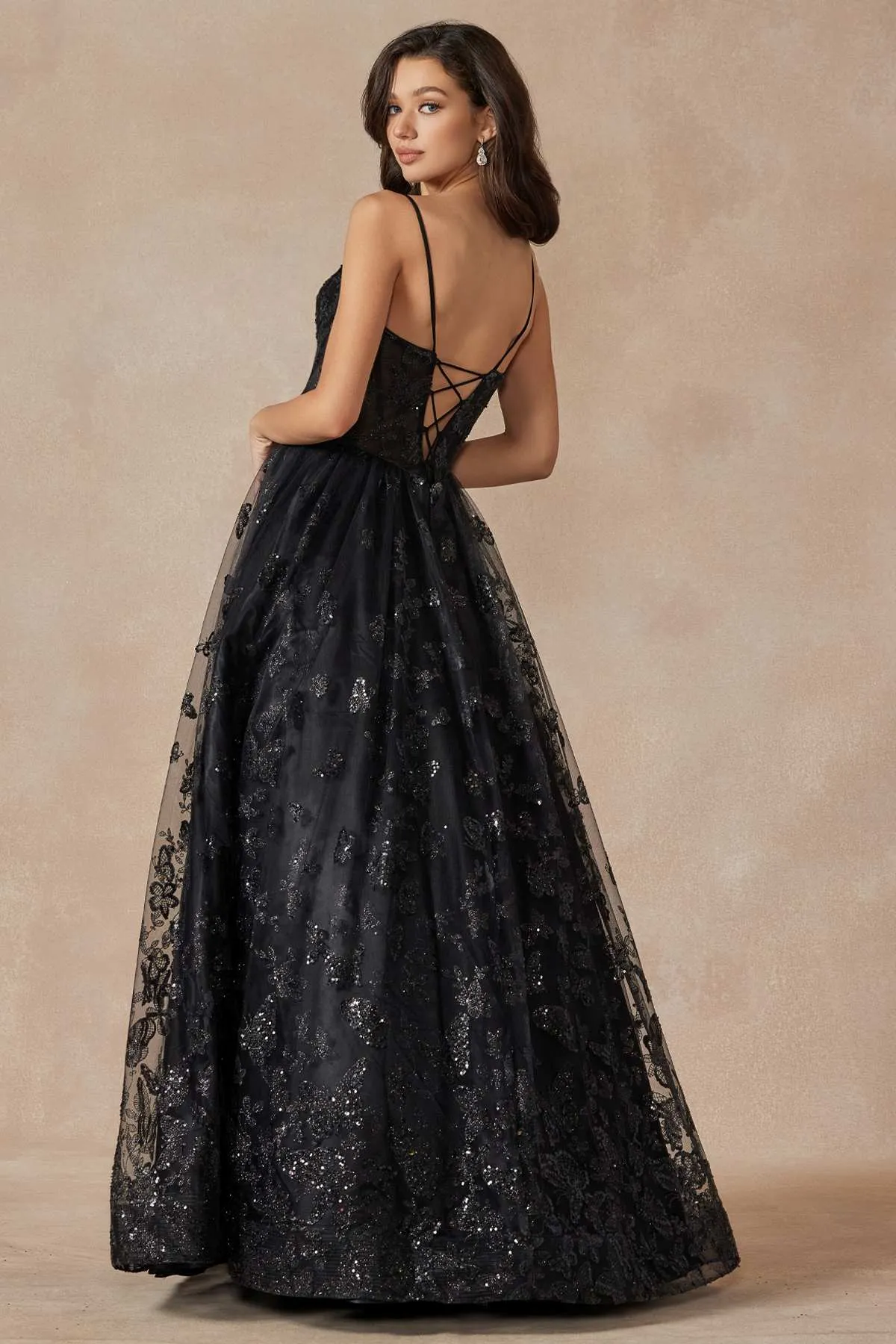 Juliet 2413 Long Butterfly Glitter Embroidered A-Line Gown with Corset Top