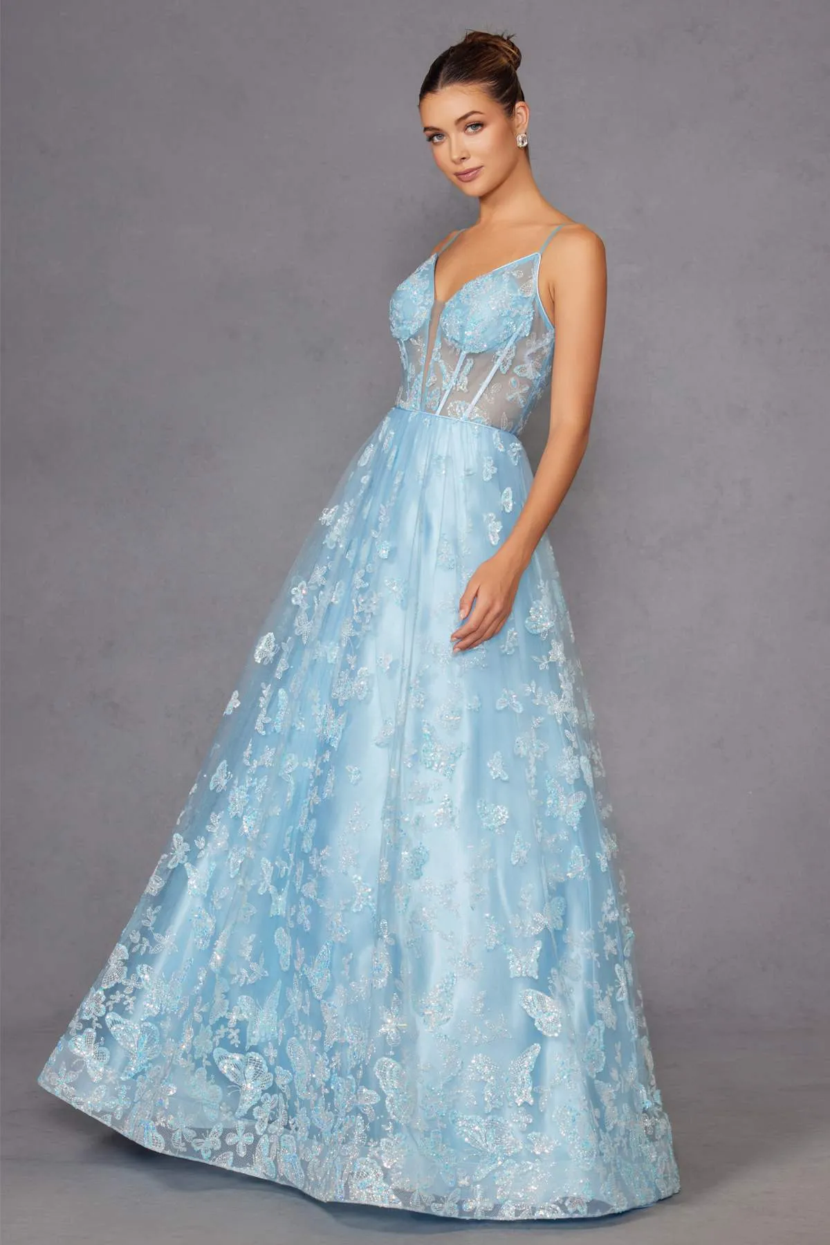 Juliet 2413 Long Butterfly Glitter Embroidered A-Line Gown with Corset Top
