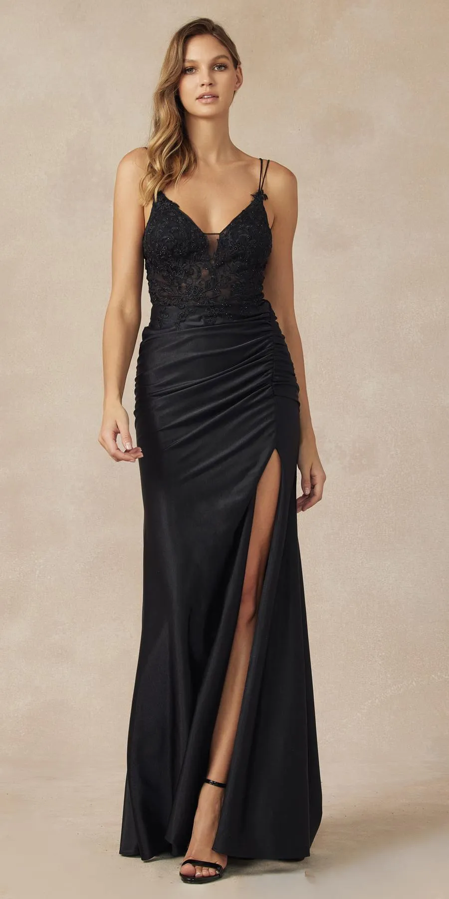Juliet 282 Embroidered Bodice Fitted Skirt Slit Ruched Waist Evening Dress
