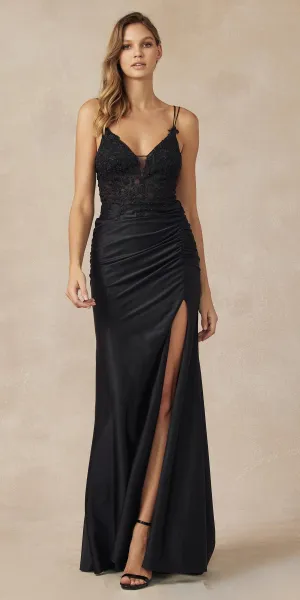 Juliet 282 Embroidered Bodice Fitted Skirt Slit Ruched Waist Evening Dress