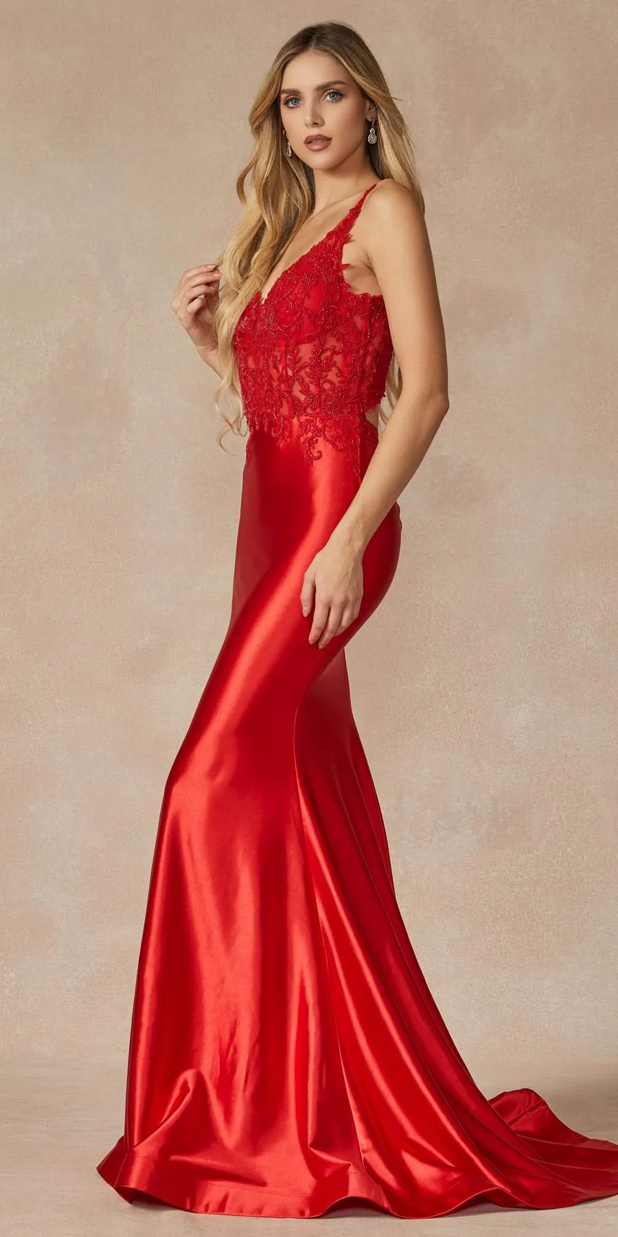 Juliet 296 Floor Length Embroidered Bodice Plunging Neck Prom Dress