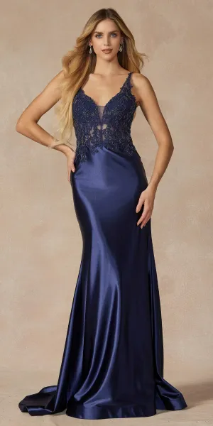 Juliet 296 Floor Length Embroidered Bodice Plunging Neck Prom Dress
