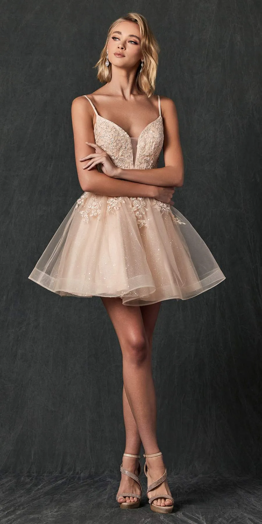 Juliet 859 Short Floral Applique Glitter Tulle A-Line Dress