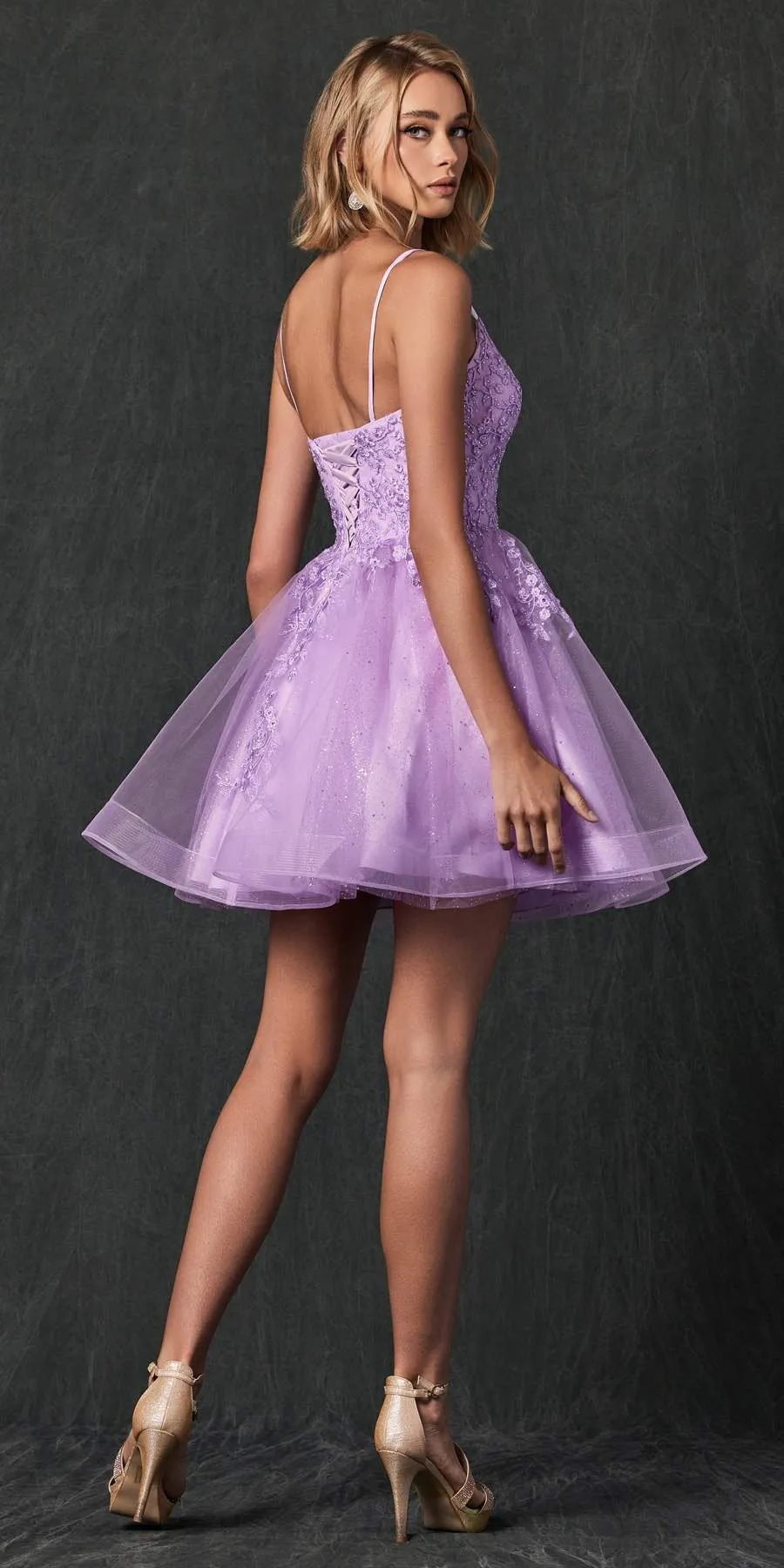 Juliet 859 Short Floral Applique Glitter Tulle A-Line Dress