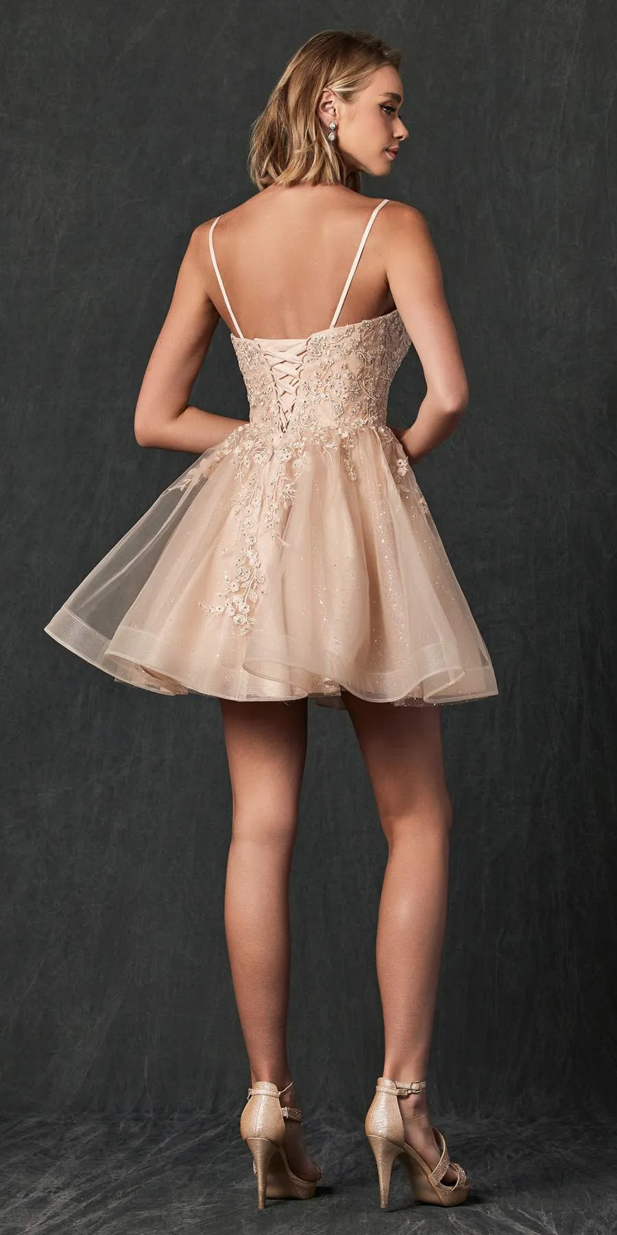 Juliet 859 Short Floral Applique Glitter Tulle A-Line Dress