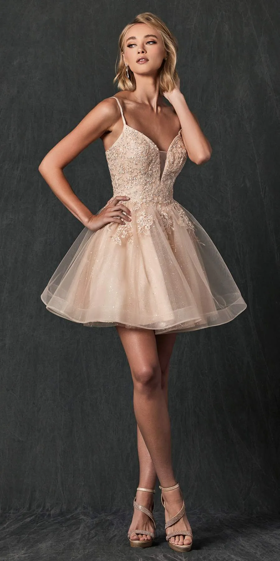 Juliet 859 Short Floral Applique Glitter Tulle A-Line Dress
