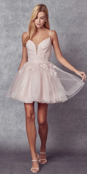 Juliet 859 Short Floral Applique Glitter Tulle A-Line Dress