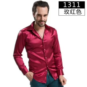 Luxury Shiny Silk Like Satin Fashion Men Dress Shirts  Long Sleeve Male Wedding Groom Stage Prom Casual Button Party Shirt