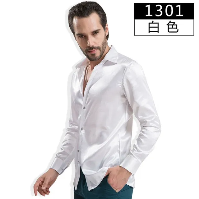 Luxury Shiny Silk Like Satin Fashion Men Dress Shirts  Long Sleeve Male Wedding Groom Stage Prom Casual Button Party Shirt