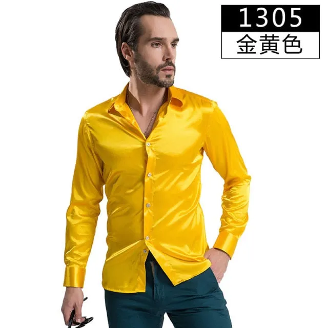 Luxury Shiny Silk Like Satin Fashion Men Dress Shirts  Long Sleeve Male Wedding Groom Stage Prom Casual Button Party Shirt