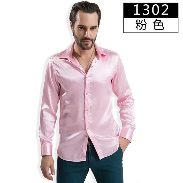 Luxury Shiny Silk Like Satin Fashion Men Dress Shirts  Long Sleeve Male Wedding Groom Stage Prom Casual Button Party Shirt