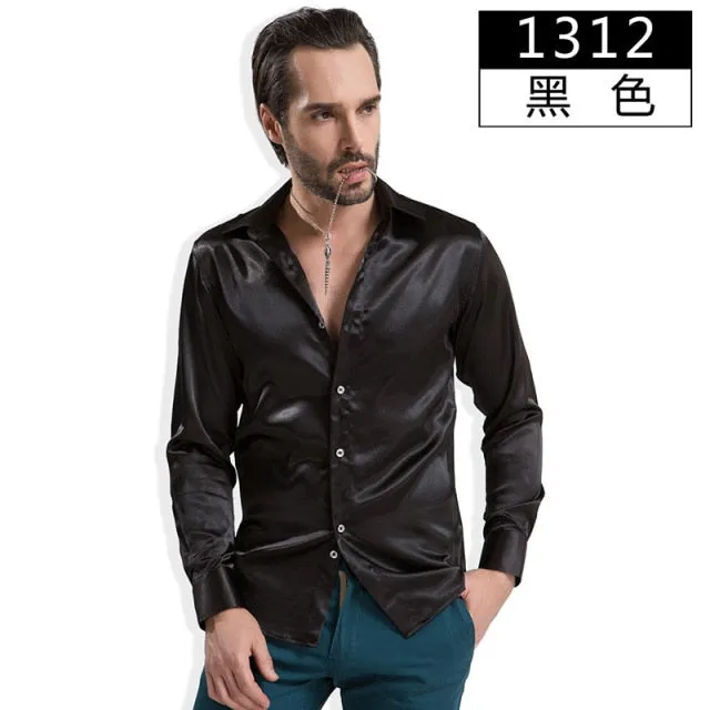 Luxury Shiny Silk Like Satin Fashion Men Dress Shirts  Long Sleeve Male Wedding Groom Stage Prom Casual Button Party Shirt