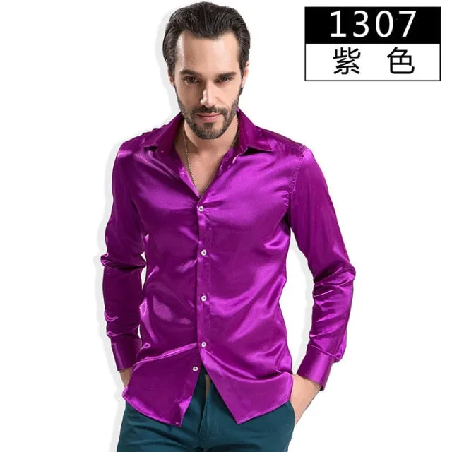 Luxury Shiny Silk Like Satin Fashion Men Dress Shirts  Long Sleeve Male Wedding Groom Stage Prom Casual Button Party Shirt