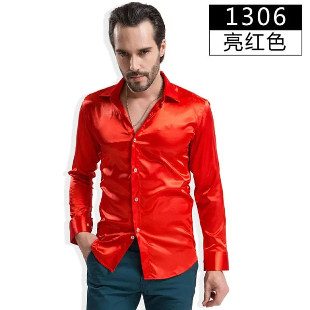 Luxury Shiny Silk Like Satin Fashion Men Dress Shirts  Long Sleeve Male Wedding Groom Stage Prom Casual Button Party Shirt