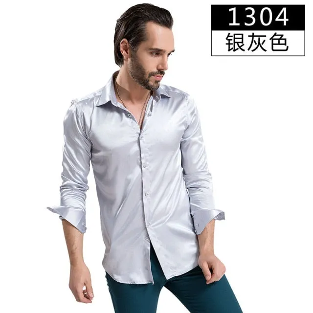 Luxury Shiny Silk Like Satin Fashion Men Dress Shirts  Long Sleeve Male Wedding Groom Stage Prom Casual Button Party Shirt