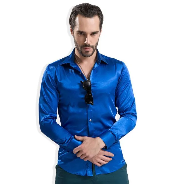 Luxury Shiny Silk Like Satin Fashion Men Dress Shirts  Long Sleeve Male Wedding Groom Stage Prom Casual Button Party Shirt