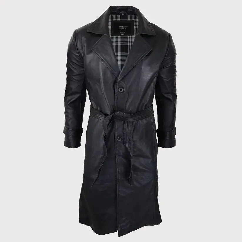 Men's 80s Vintage Black Leather Belted Punk Jacket - Long Sleeve Coat