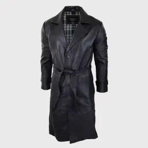 Men's 80s Vintage Black Leather Belted Punk Jacket - Long Sleeve Coat