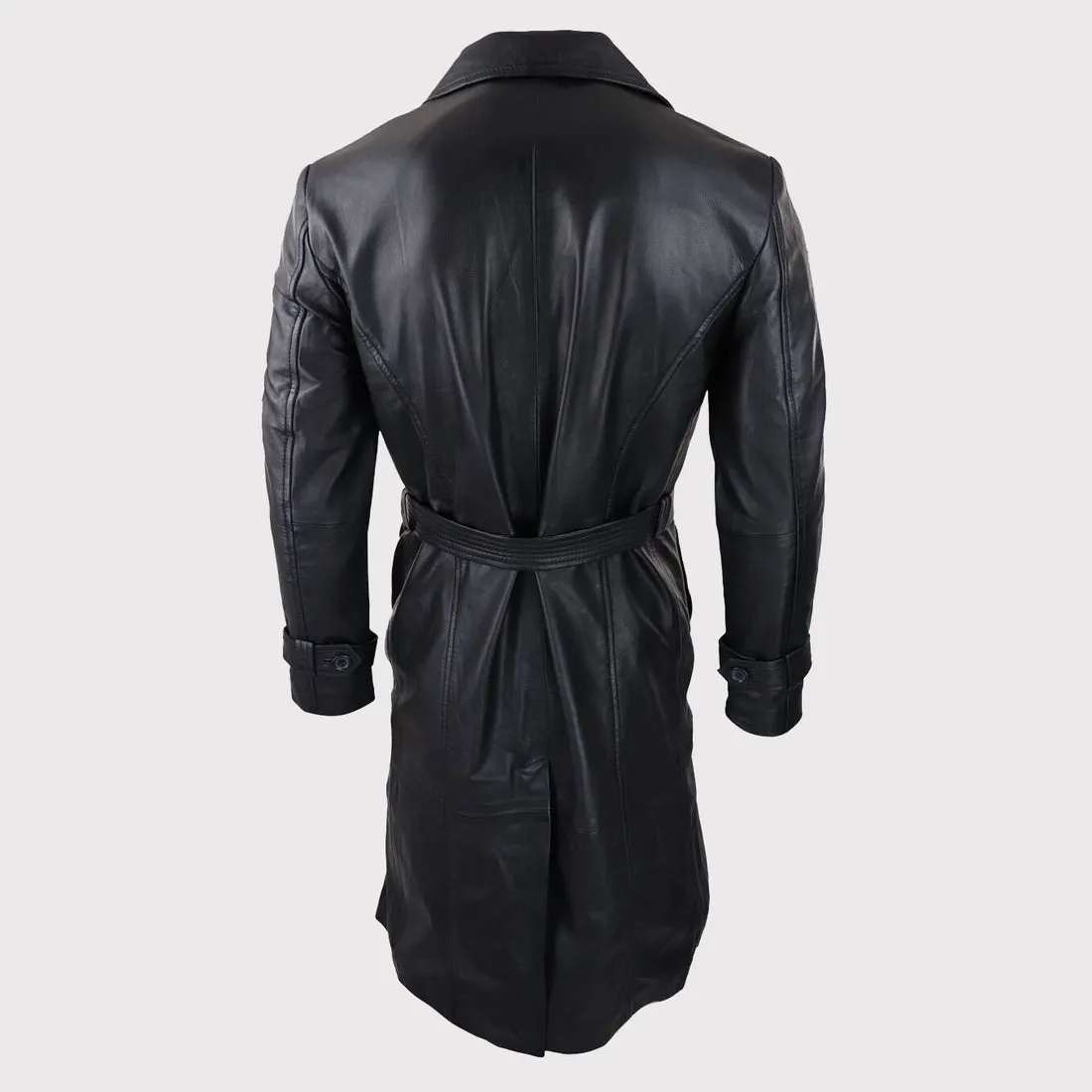 Men's 80s Vintage Black Leather Belted Punk Jacket - Long Sleeve Coat