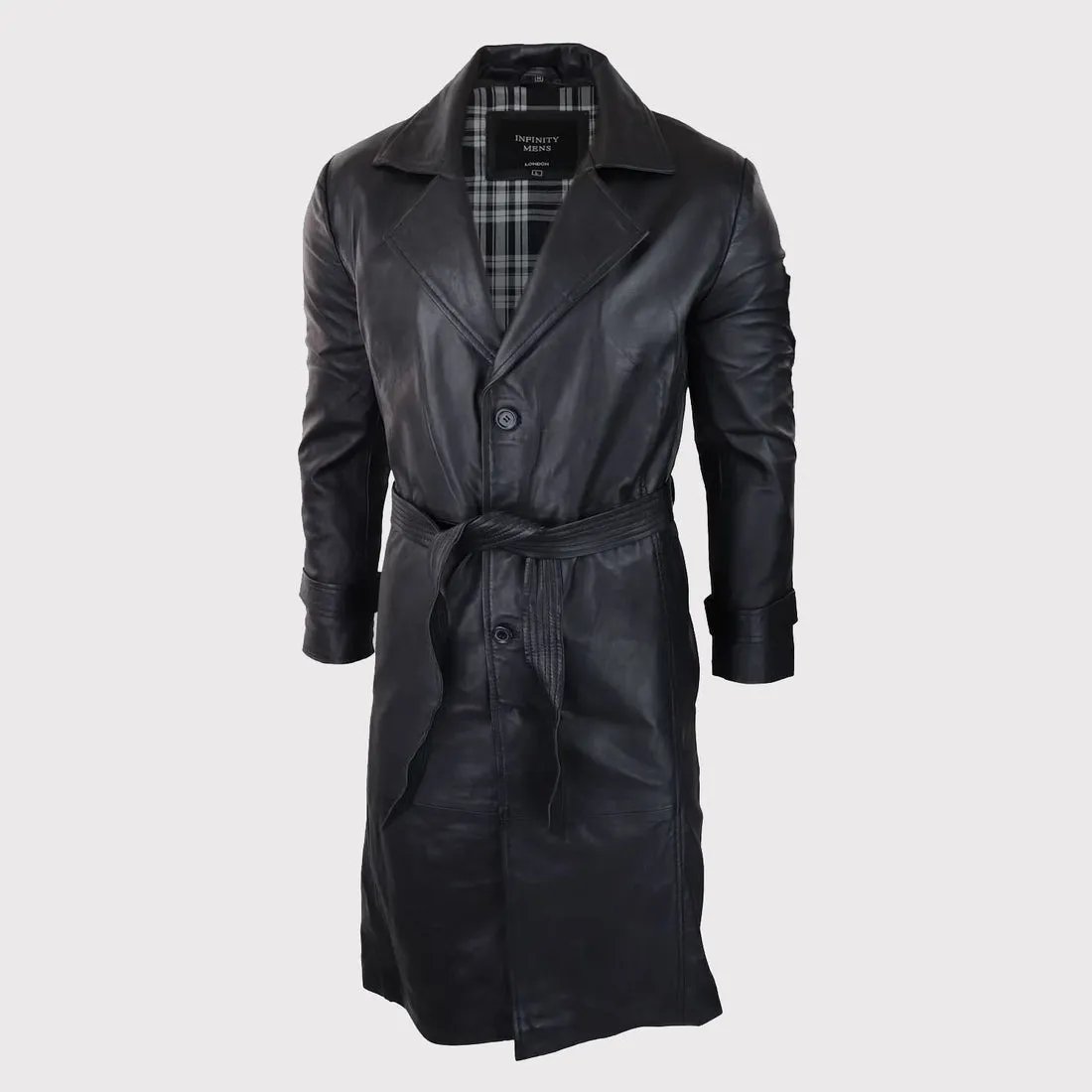 Men's 80s Vintage Black Leather Belted Punk Jacket - Long Sleeve Coat
