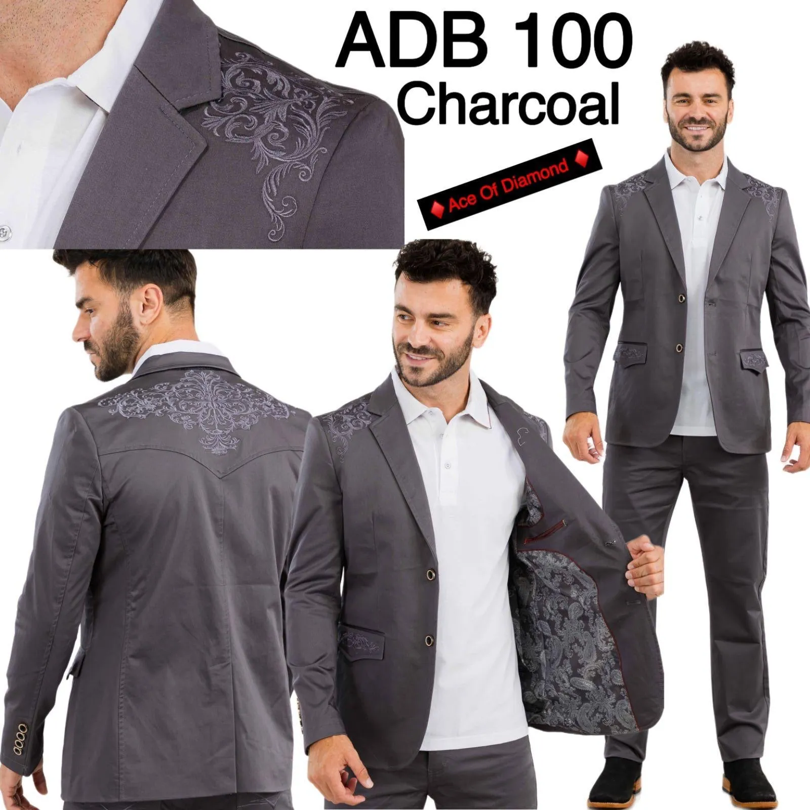 Men’s Ace of Diamond Charcoal Embroidered Blazer