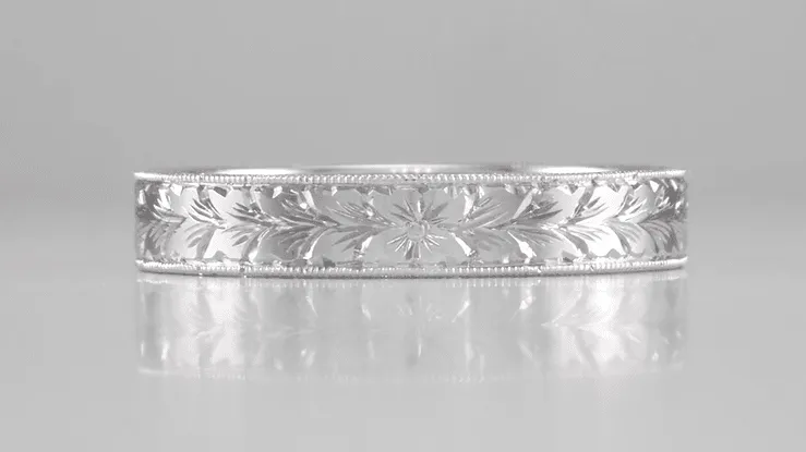 Mens Art Deco Vintage Design Engraved Wheat Wedding Ring in 10K, 14K, or 18K White Gold