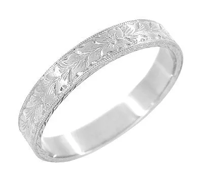 Mens Art Deco Vintage Design Engraved Wheat Wedding Ring in 10K, 14K, or 18K White Gold