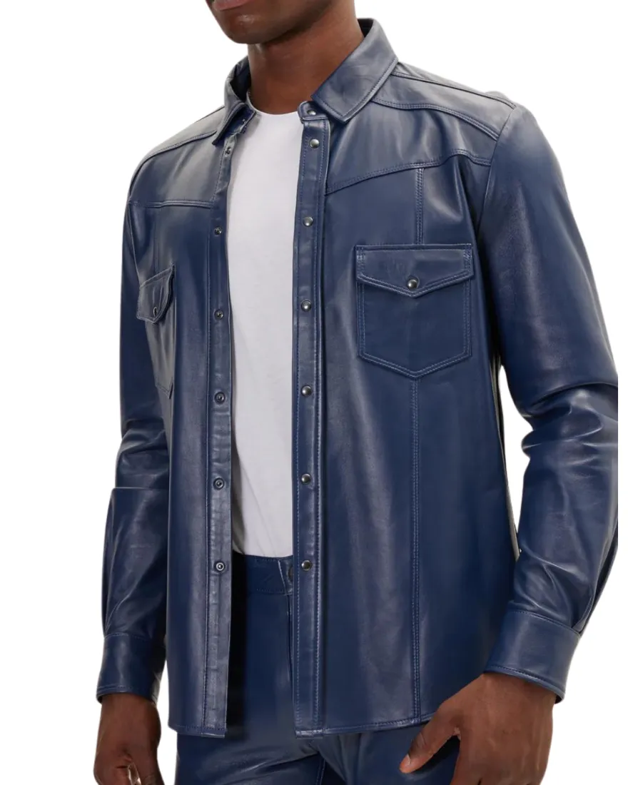 Mens Blue Leather Shirt