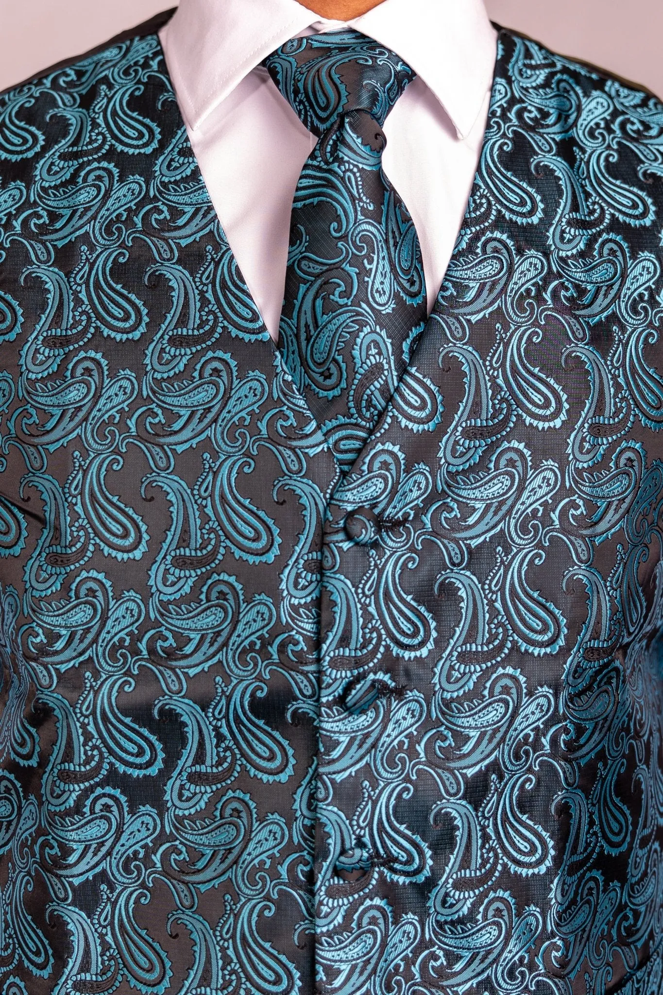 Men's Classic Blue Green Paisley Jacquard Silk Waistcoast Vest Handkerchief Cufflinks Tie Vest Set- Mj-0107