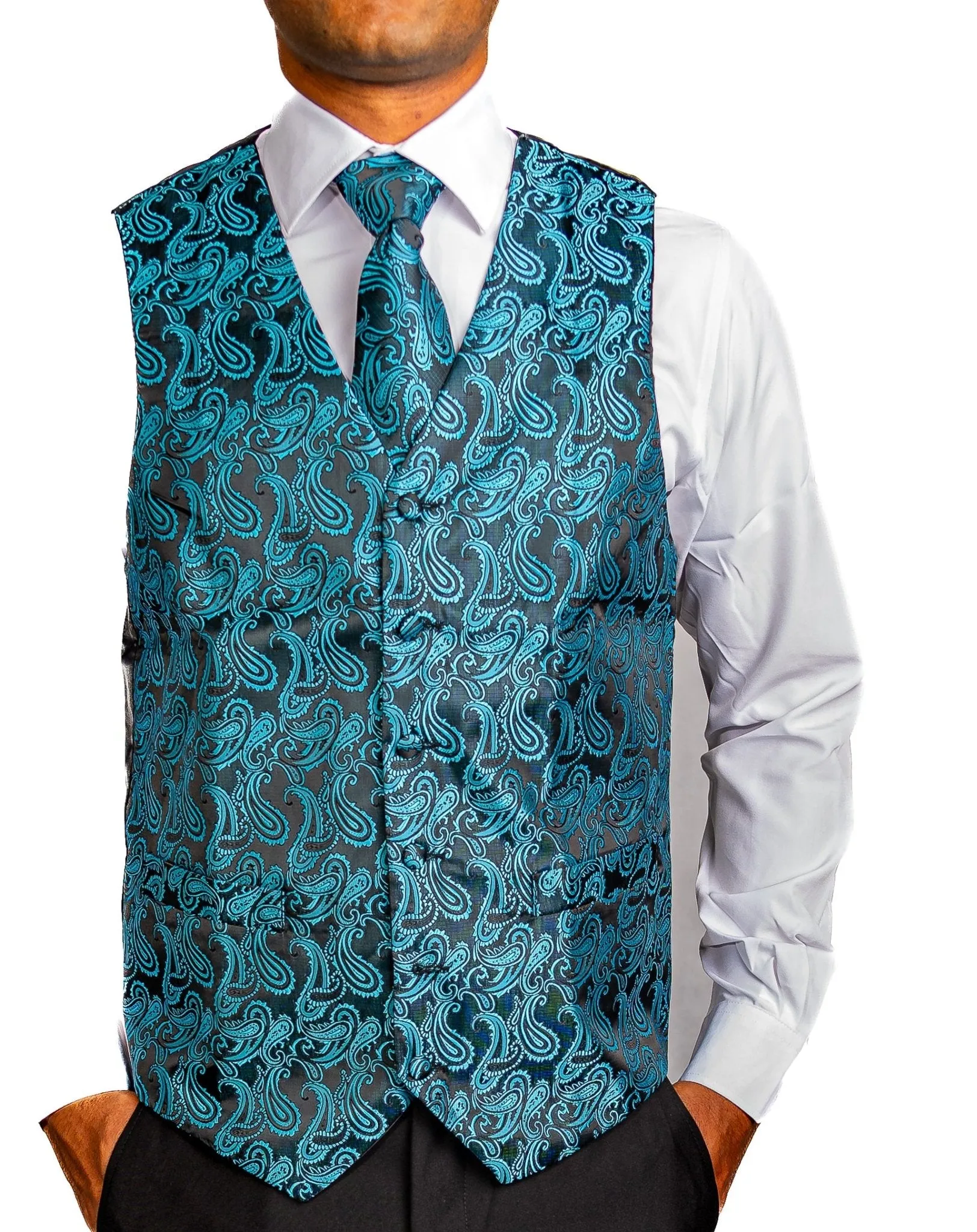 Men's Classic Blue Green Paisley Jacquard Silk Waistcoast Vest Handkerchief Cufflinks Tie Vest Set- Mj-0107
