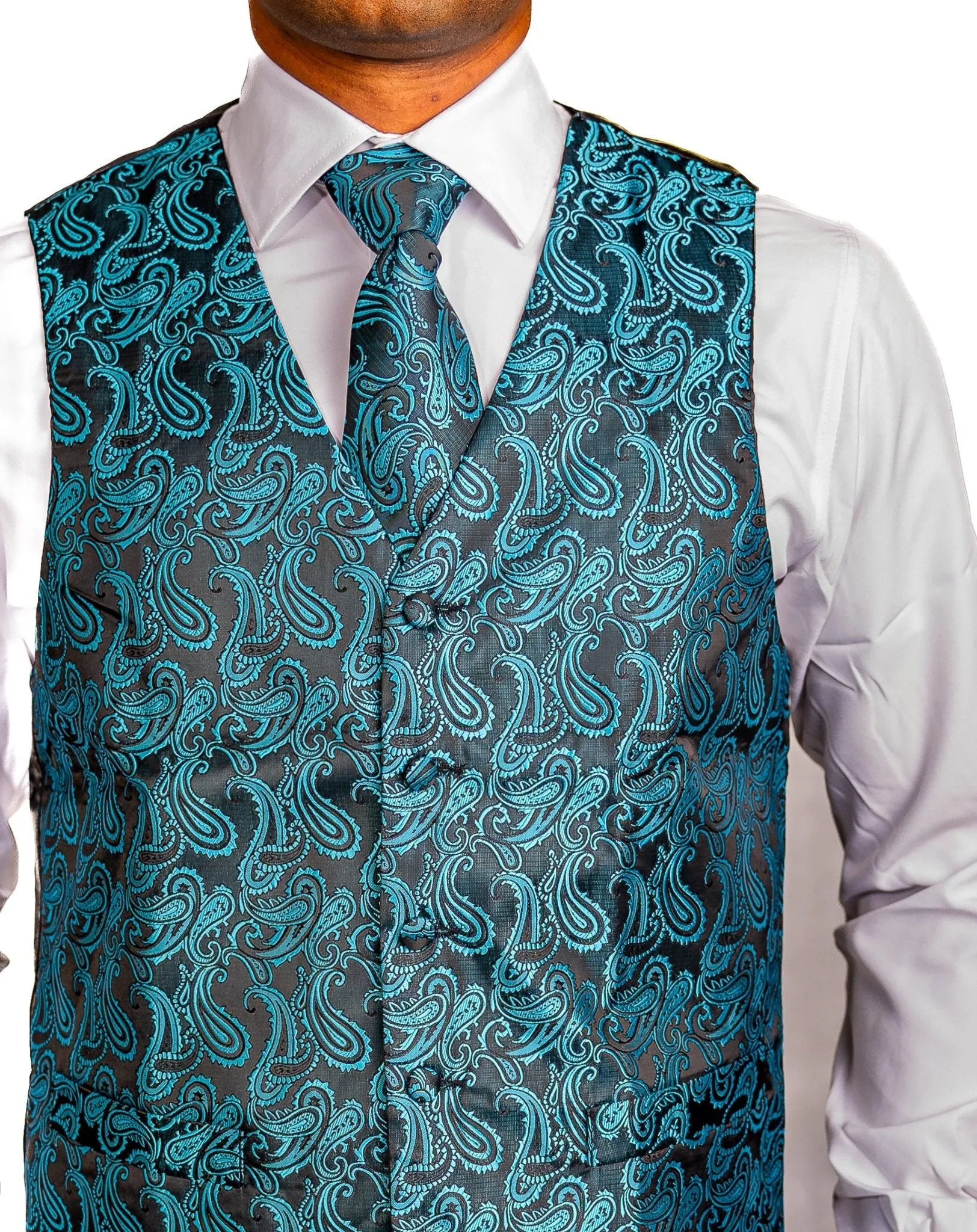 Men's Classic Blue Green Paisley Jacquard Silk Waistcoast Vest Handkerchief Cufflinks Tie Vest Set- Mj-0107