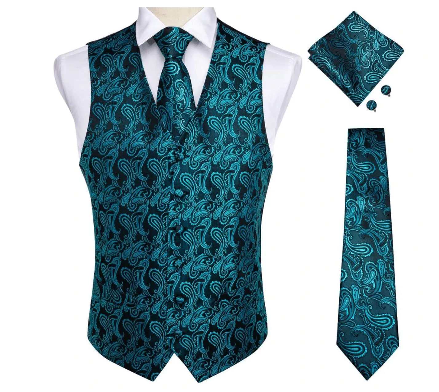 Men's Classic Blue Green Paisley Jacquard Silk Waistcoast Vest Handkerchief Cufflinks Tie Vest Set- Mj-0107