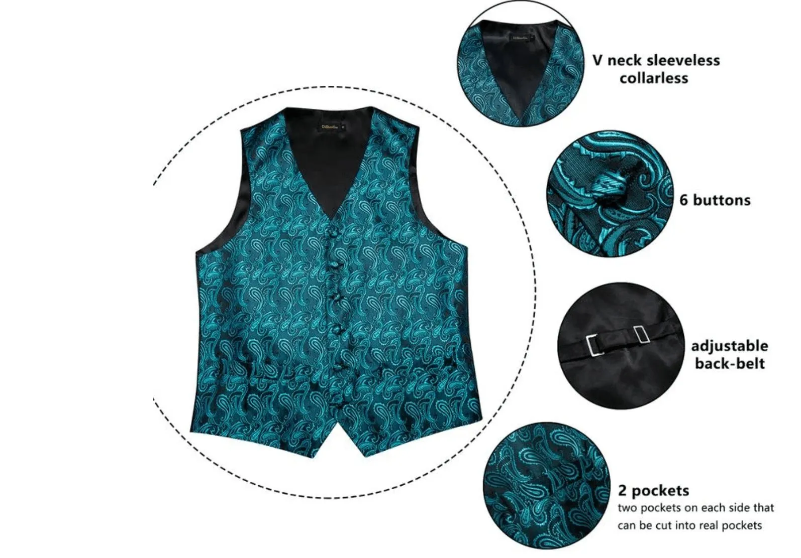 Men's Classic Blue Green Paisley Jacquard Silk Waistcoast Vest Handkerchief Cufflinks Tie Vest Set- Mj-0107