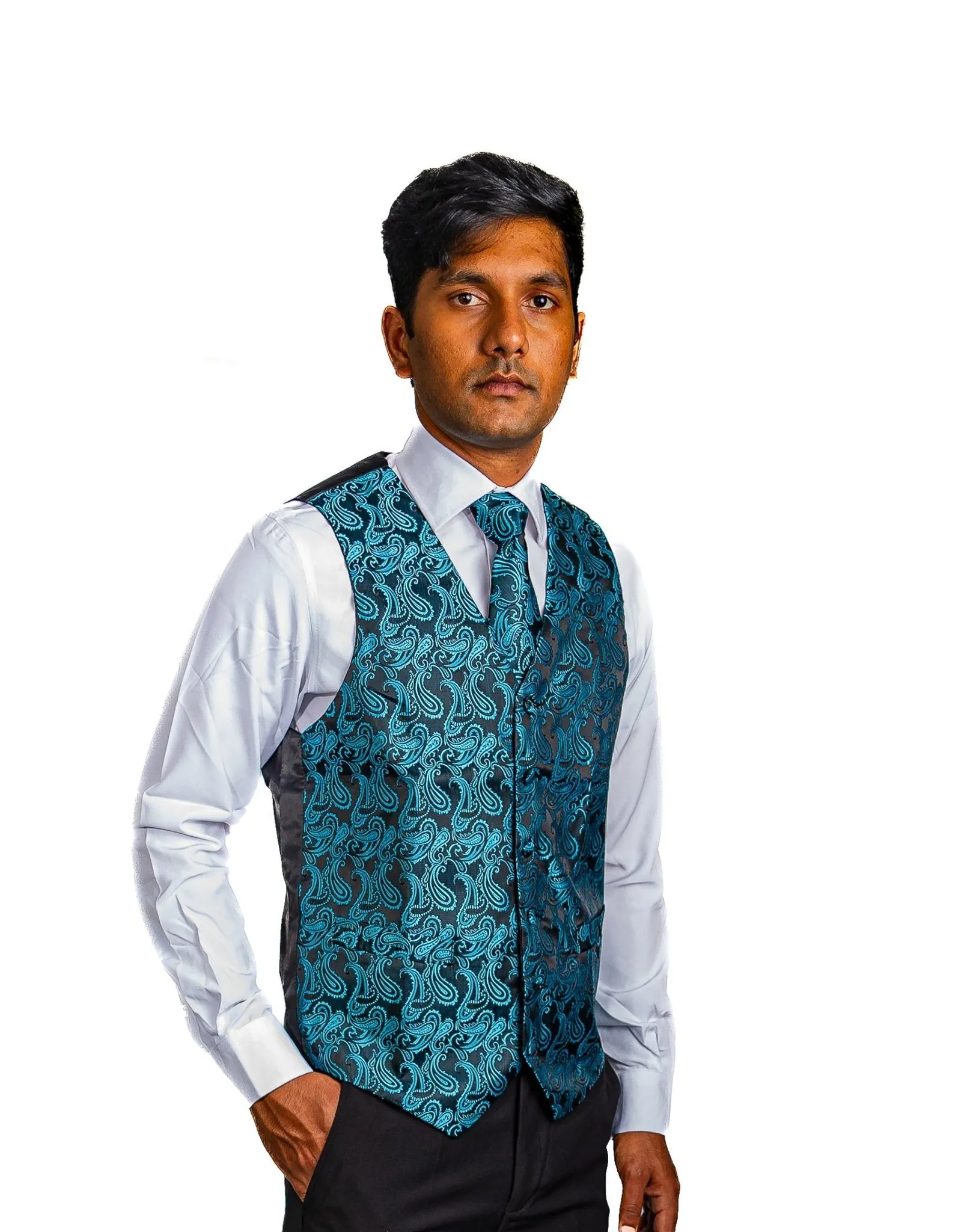 Men's Classic Blue Green Paisley Jacquard Silk Waistcoast Vest Handkerchief Cufflinks Tie Vest Set- Mj-0107
