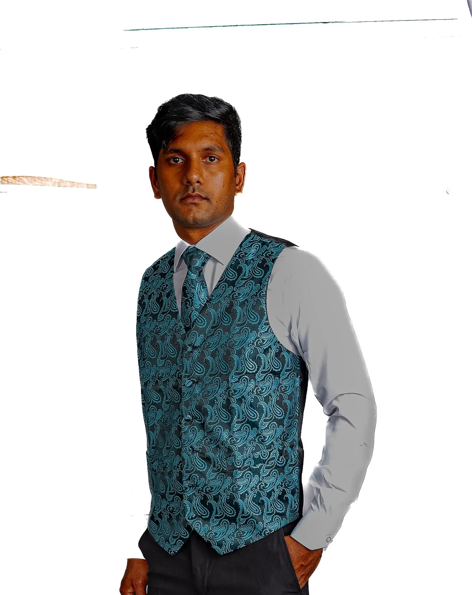 Men's Classic Blue Green Paisley Jacquard Silk Waistcoast Vest Handkerchief Cufflinks Tie Vest Set- Mj-0107
