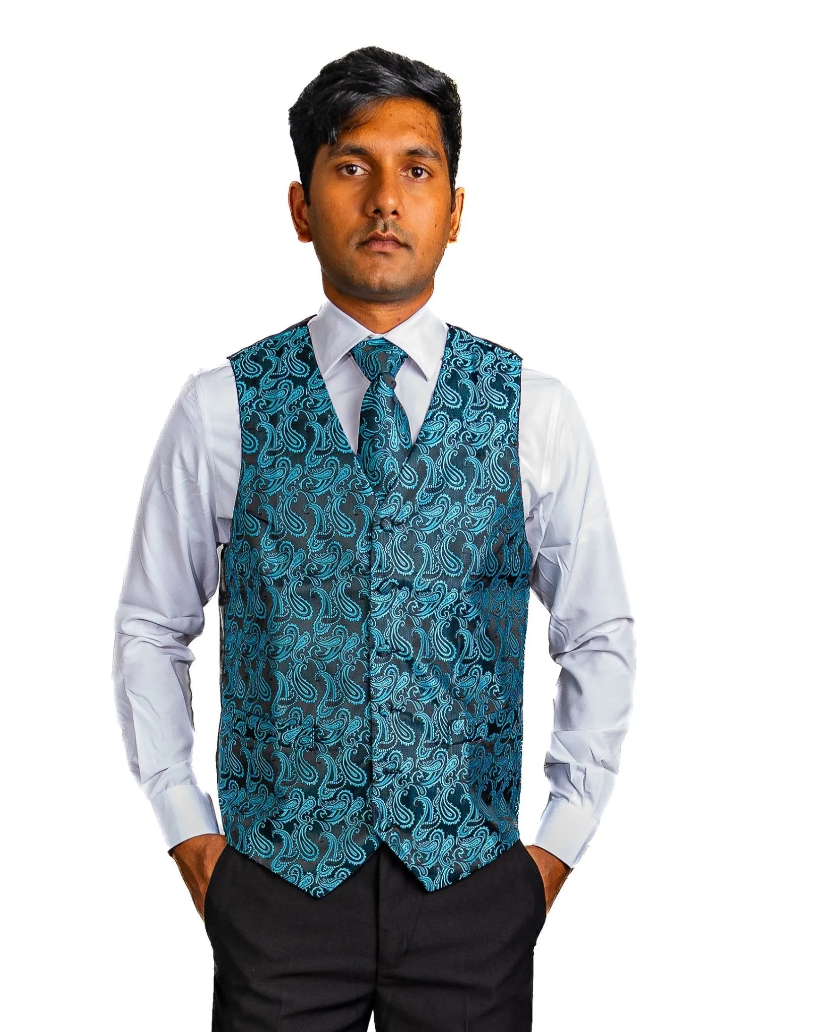Men's Classic Blue Green Paisley Jacquard Silk Waistcoast Vest Handkerchief Cufflinks Tie Vest Set- Mj-0107