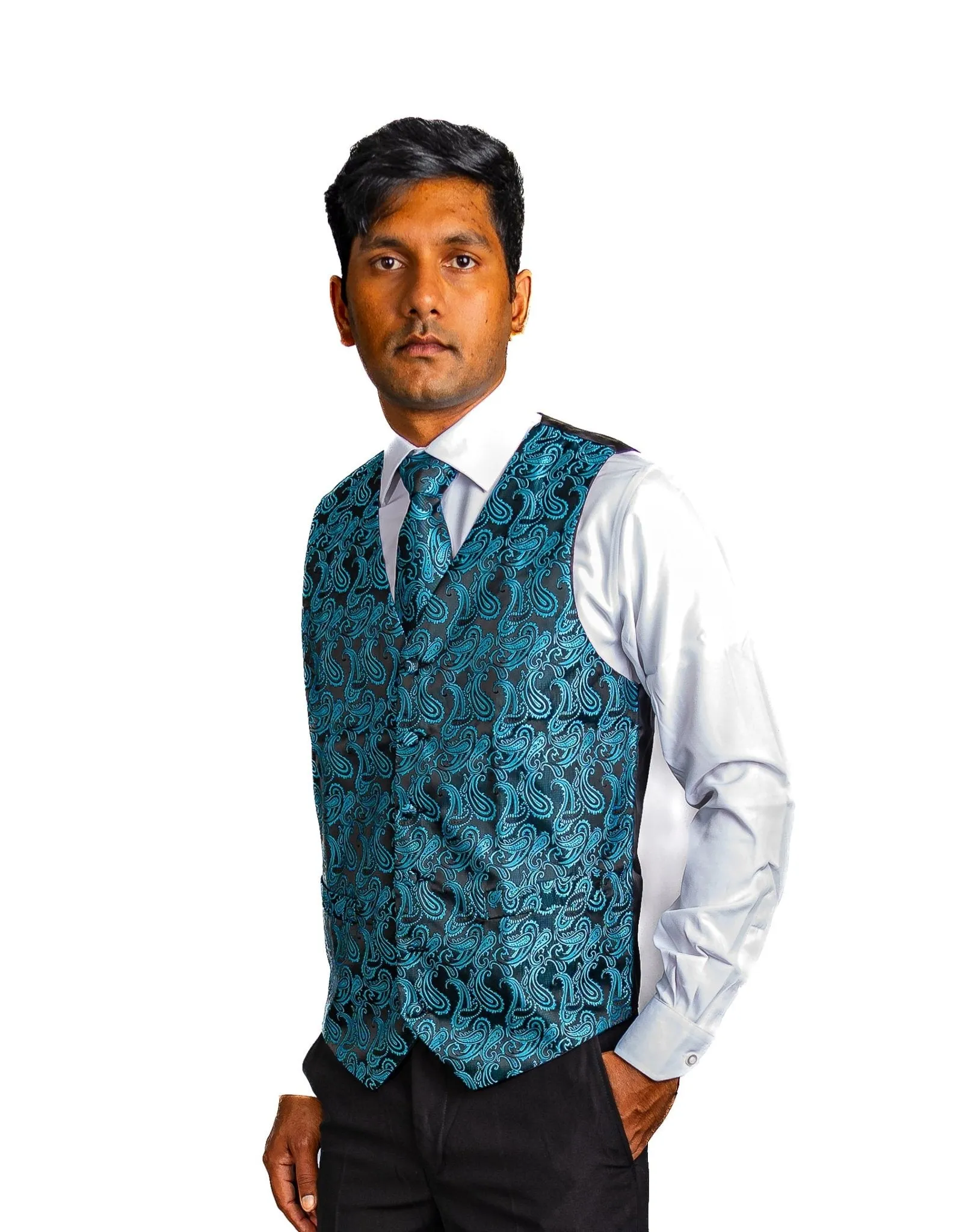 Men's Classic Blue Green Paisley Jacquard Silk Waistcoast Vest Handkerchief Cufflinks Tie Vest Set- Mj-0107
