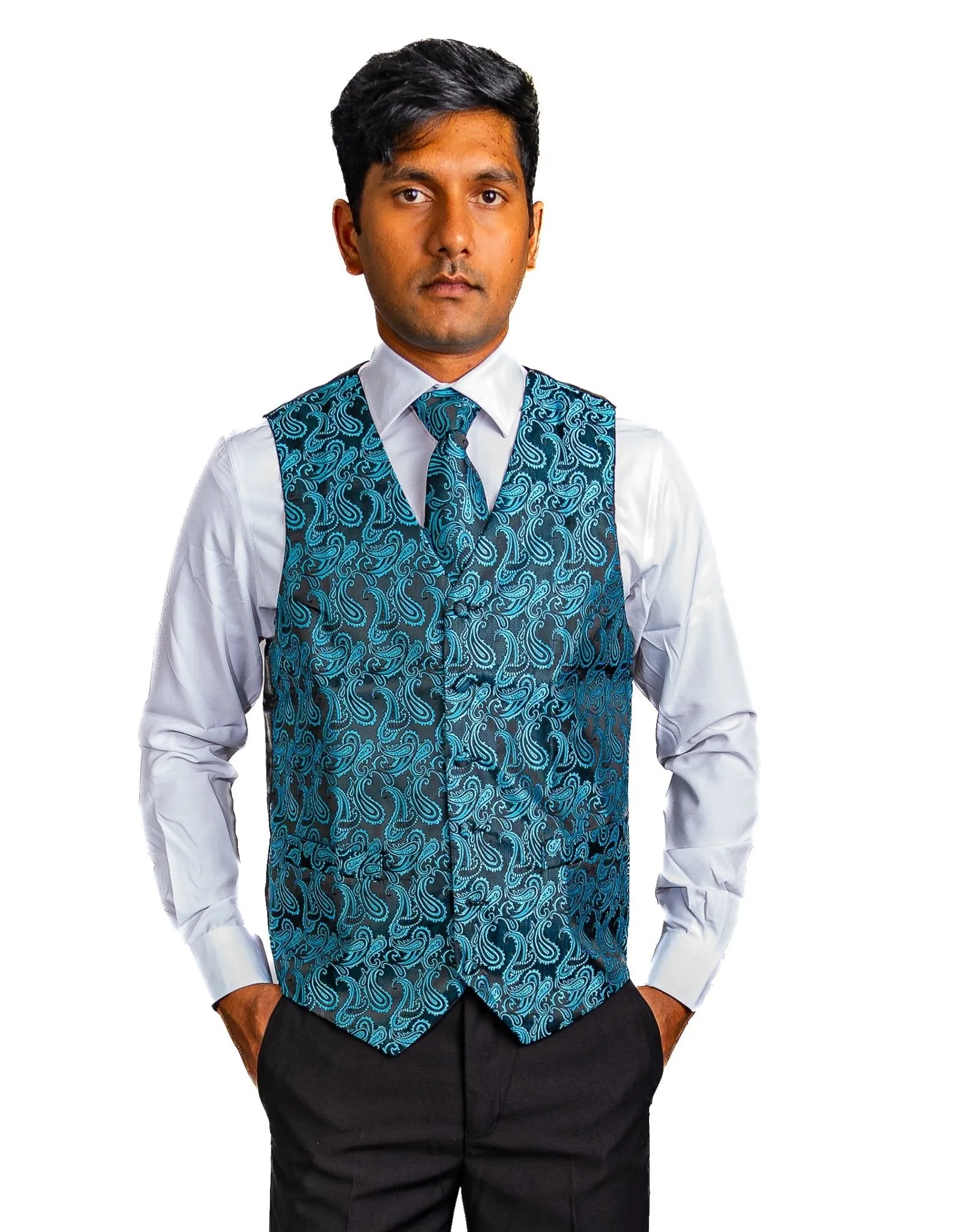 Men's Classic Blue Green Paisley Jacquard Silk Waistcoast Vest Handkerchief Cufflinks Tie Vest Set- Mj-0107