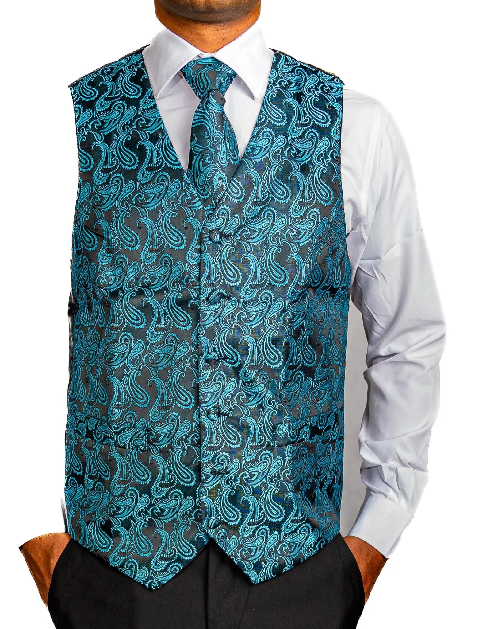 Men's Classic Blue Green Paisley Jacquard Silk Waistcoast Vest Handkerchief Cufflinks Tie Vest Set- Mj-0107