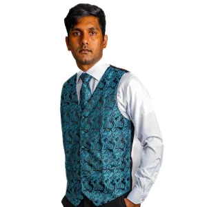 Men's Classic Blue Green Paisley Jacquard Silk Waistcoast Vest Handkerchief Cufflinks Tie Vest Set- Mj-0107