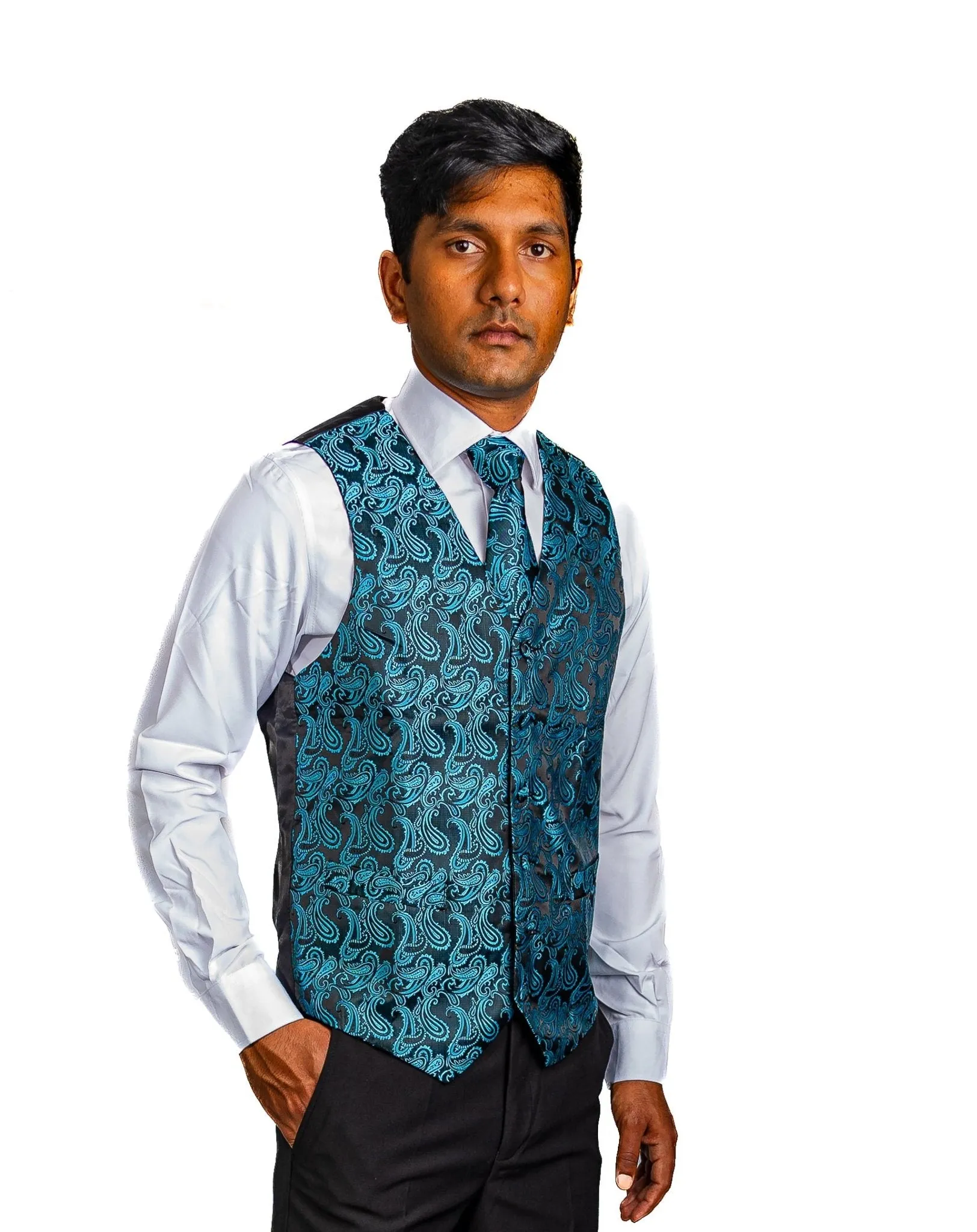 Men's Classic Blue Green Paisley Jacquard Silk Waistcoast Vest Handkerchief Cufflinks Tie Vest Set- Mj-0107
