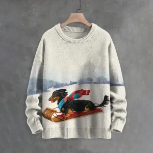 Men's Dachshund Skiing Sleigh Art Print Knit Sweater