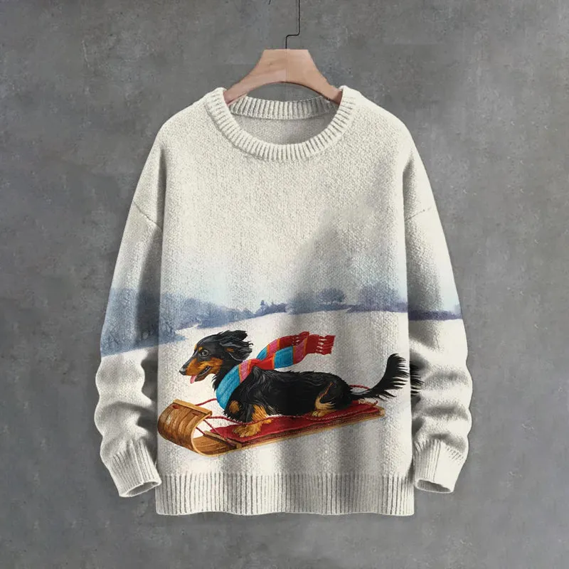 Men's Dachshund Skiing Sleigh Art Print Knit Sweater