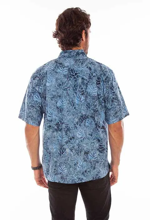 Men's Farthest Point Collection Shirt: Short Sleeve Batik Leaf Blue